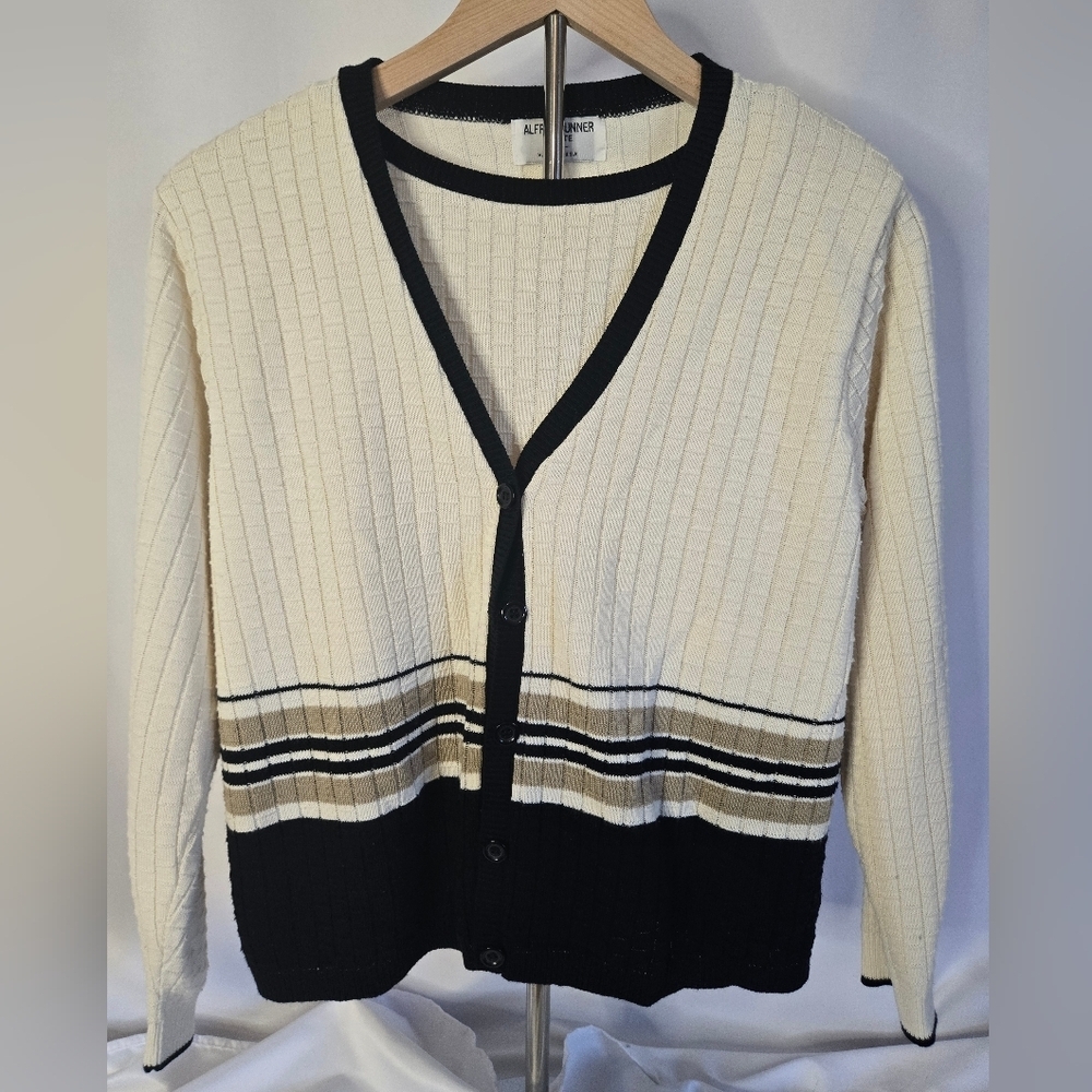 Retro Alfred Dunner Beige & Black Striped Pullover Sweater Top | Size M